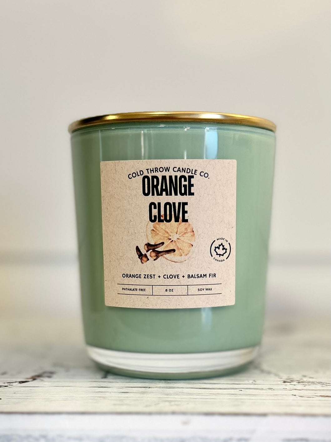 Orange Clove Sage Green Glass Jar with Gold Lid - 8oz