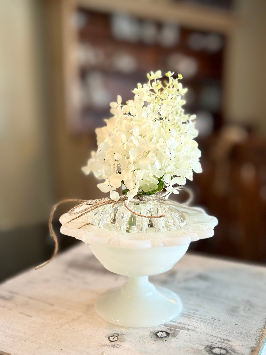 Vintage Milk Glass Compote with Floral Frog (Small)