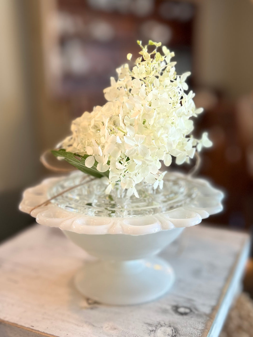 Vintage Milk Glass Compote with Floral Frog (Large)